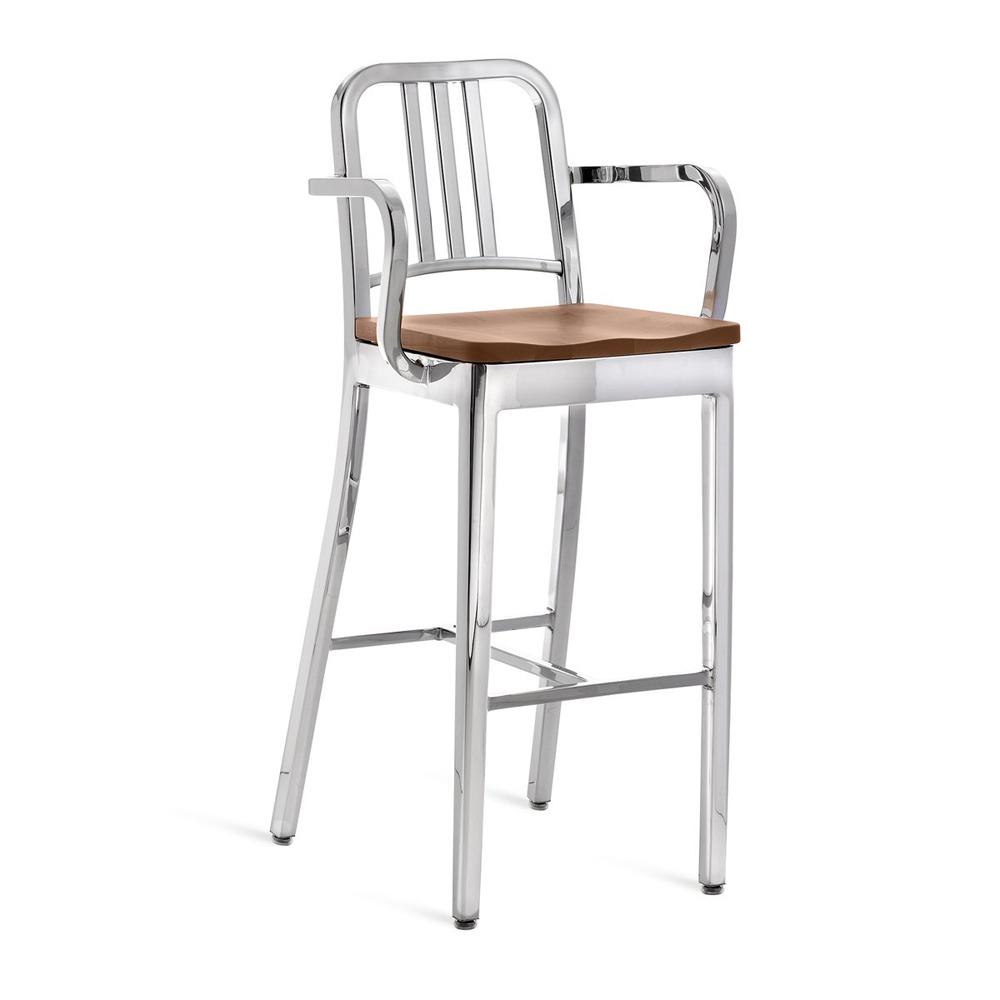 Emeco 1104 Navy Bar Stool With Wood Seat bar seating Emeco Hand-Polished White Oak With Arms