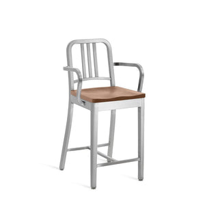 Emeco 1104 Navy Counter Stool With Wood Seat Side/Dining Emeco Hand-Brushed White Oak With Arms