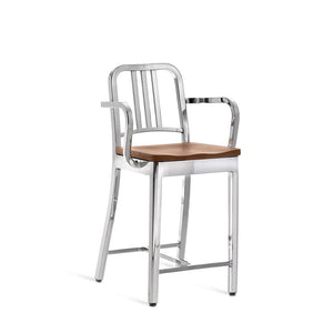 Emeco 1104 Navy Counter Stool With Wood Seat Side/Dining Emeco Hand-Polished White Oak With Arms