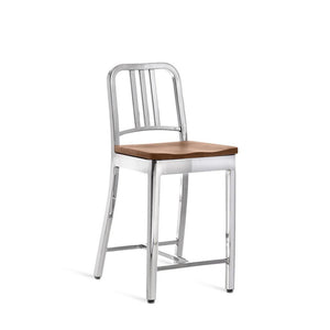 Emeco 1104 Navy Counter Stool With Wood Seat Side/Dining Emeco Hand-Polished White Oak No Arms
