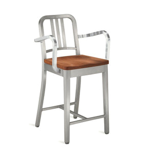 Emeco 1006 Navy Counter Stool With Wood Seat Side/Dining Emeco Brushed Walnut With Arms
