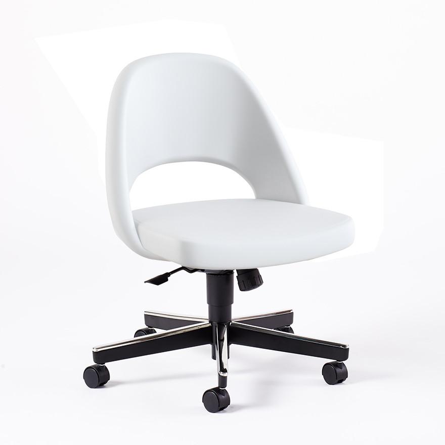 Saarinen Executive Armless Chair with Swivel Base Side/Dining Knoll Hard Sabrina Leather - White 