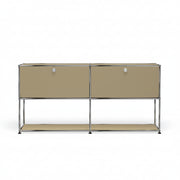 Brown modern storage sideboard with chrome frame, two front doors, open lower shelf, and minimalist modular design on a white background.