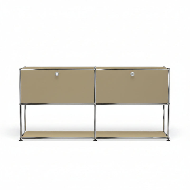 Brown modern storage sideboard with chrome frame, two front doors, open lower shelf, and minimalist modular design on a white background.