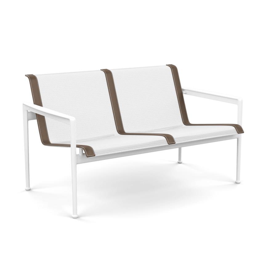 1966 Two Seat Lounge chair with Arms Outdoors Knoll White Frame with White Mesh &amp; Brown Strap 