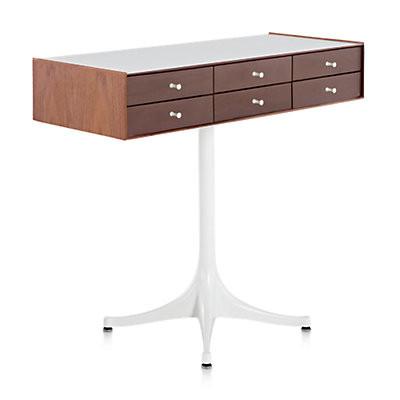 Nelson Miniature Chest 6 Drawer With Pedestal storage herman miller Walnut and Dark Brown Walnut Studio White Polished Aluminum